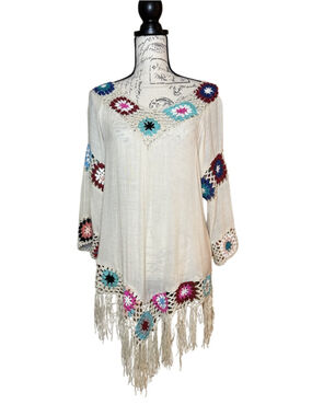 Asha One Size Gauze Blouse Granny Square with Fringe Bohemian Style Semi Sheer